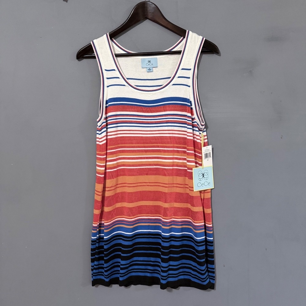 NWT CeCe Colorful Striped Tank Tunic Top Cotton Blend Medium Blue White Orange